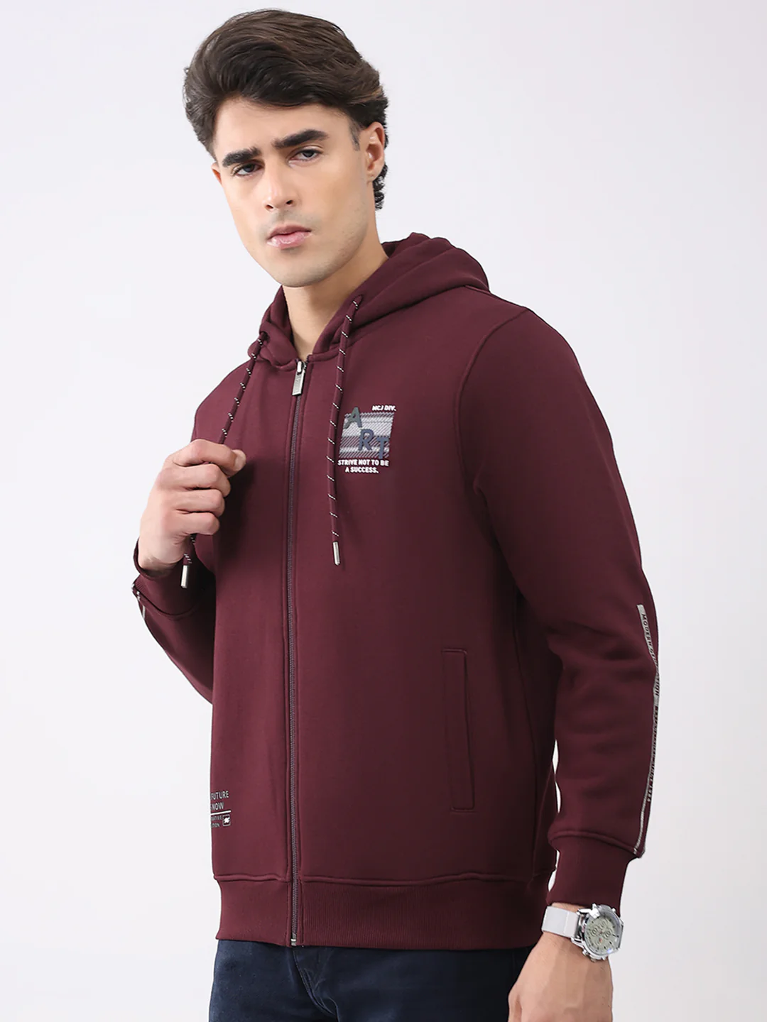 Men Maroon Solid Hooded Full Sleeve Sweatshirt - Image 3