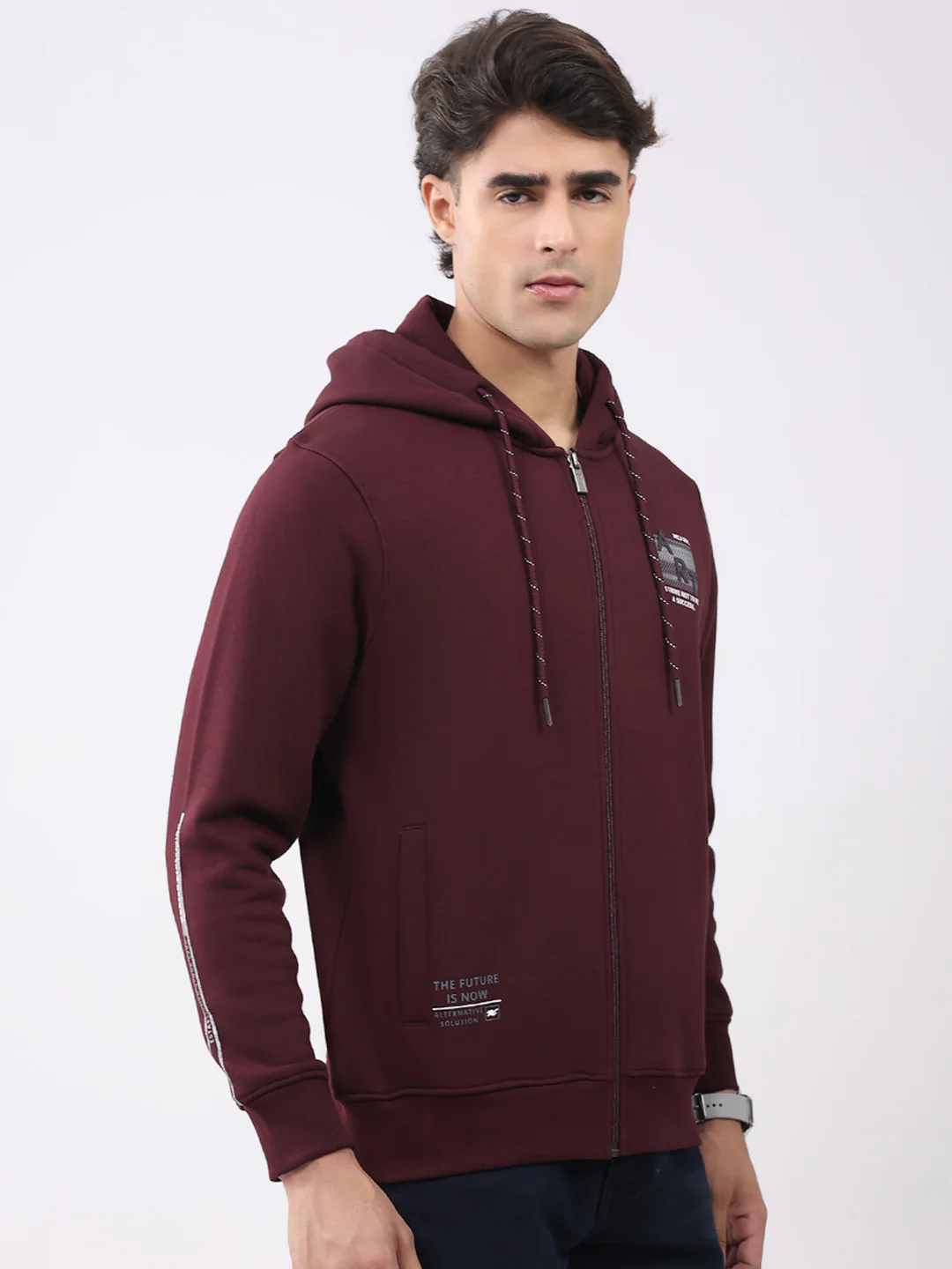 Men Maroon Solid Hooded Full Sleeve Sweatshirt - Image 4