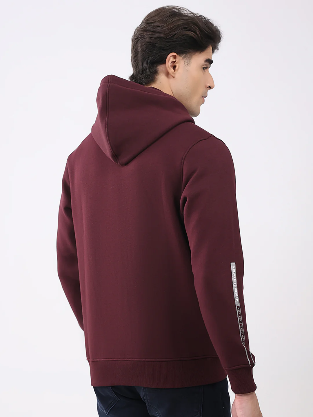 Men Maroon Solid Hooded Full Sleeve Sweatshirt - Image 5