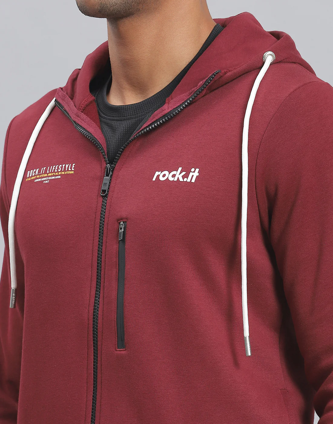 Rock.it Men Maroon Solid Hooded Full Sleeve Tracksuit - Image 6
