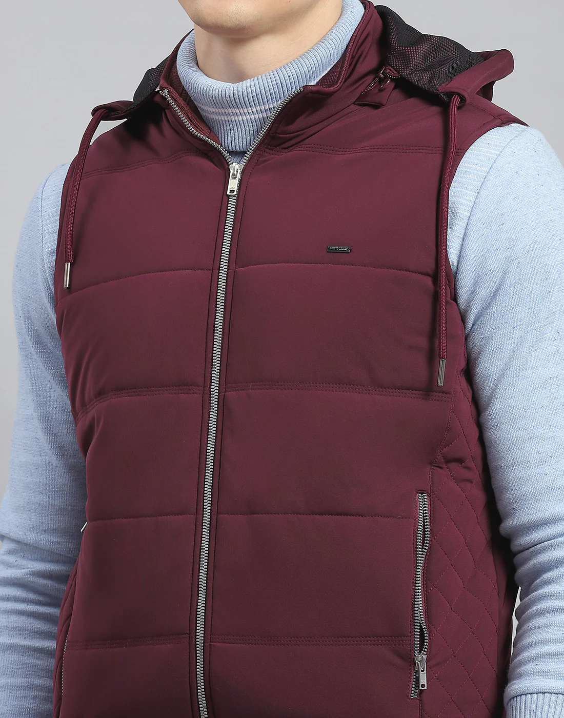 Men Maroon Solid Hooded Sleeveless Jacket - Image 6