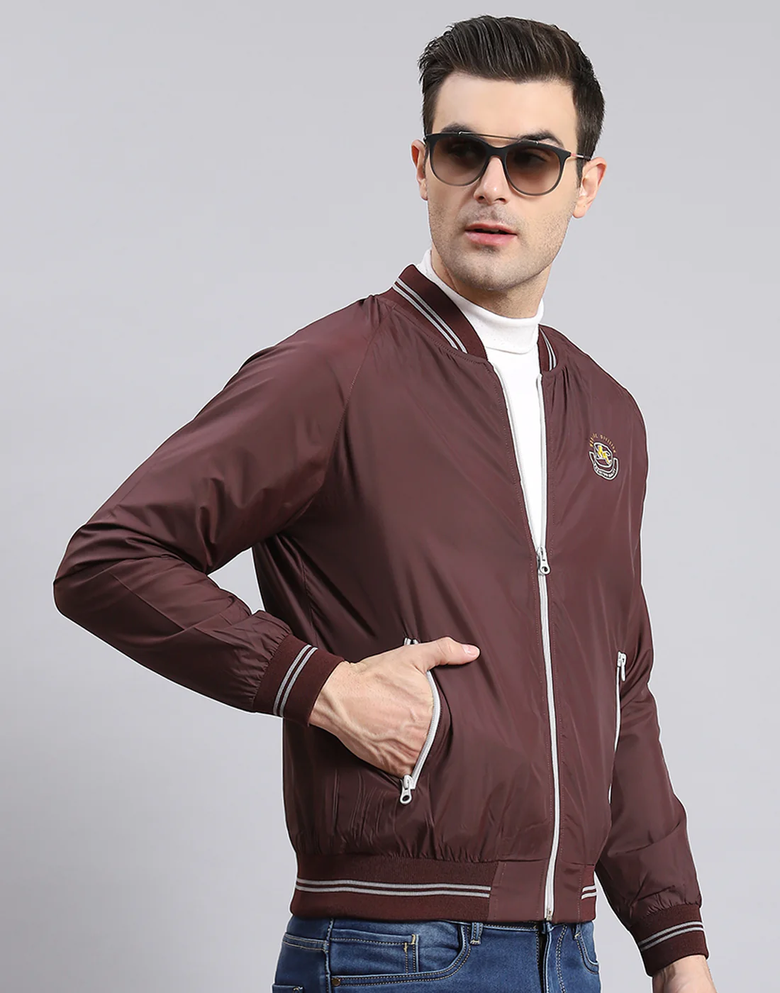 Men Maroon Solid Mandarin Collar Full Sleeve Jacket - Image 4
