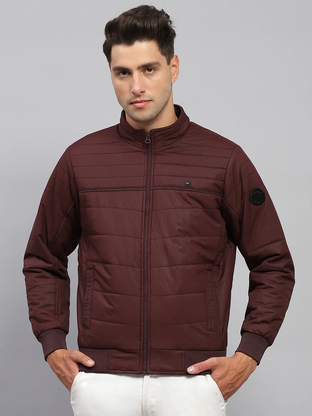 Men Maroon Solid Mock Neck Full Sleeve Jacket - Image 2