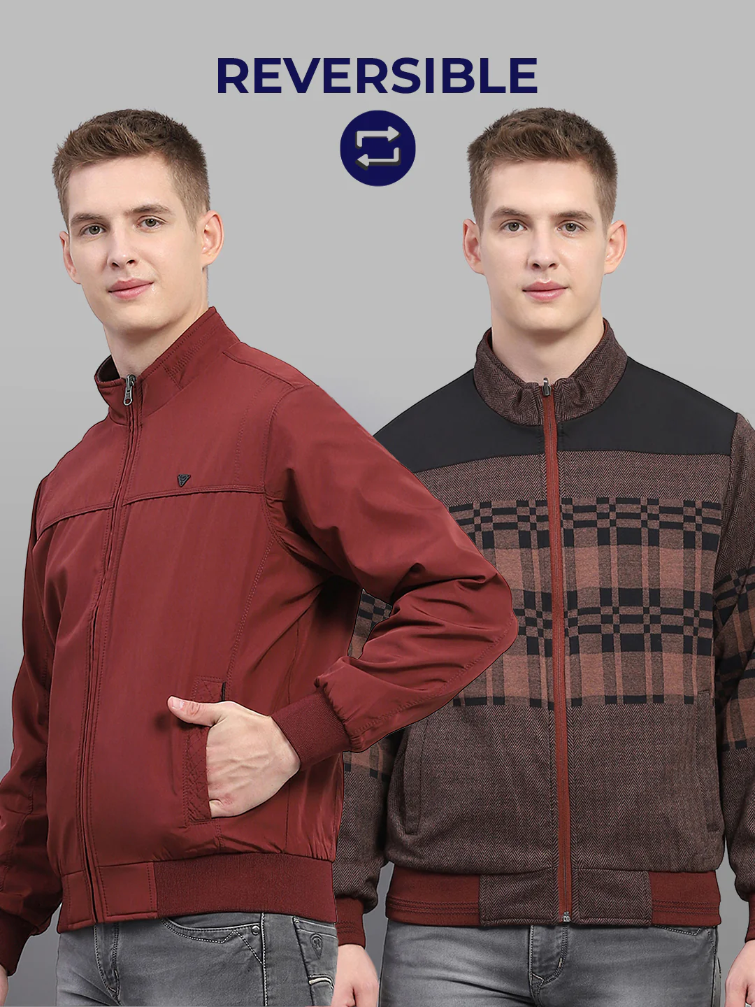 Men Maroon Solid Mock Neck Full Sleeve Jacket - Image 2