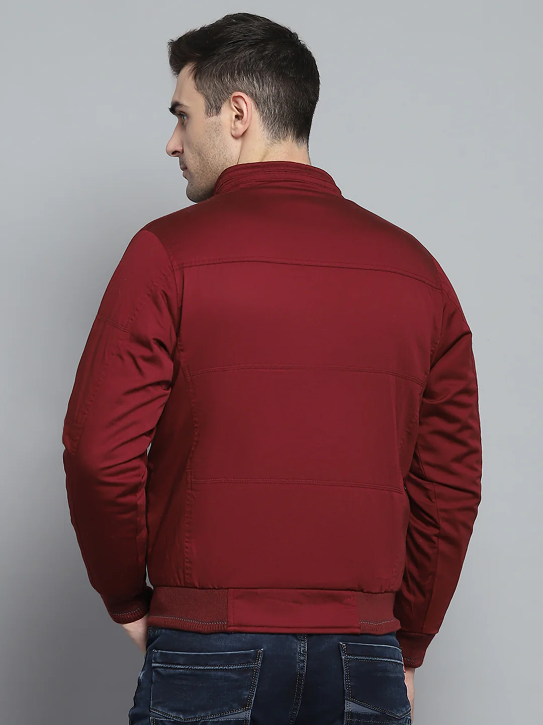 Men Maroon Solid Mock Neck Full Sleeve Jacket - Image 5