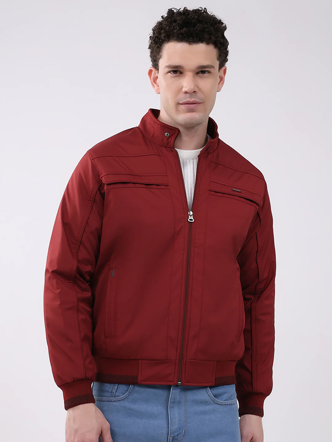 Men Maroon Solid Mock Neck Full Sleeve Jacket