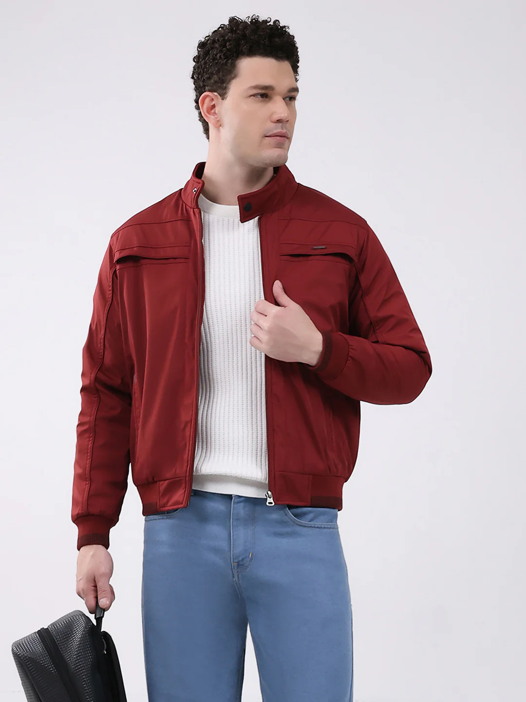 Men Maroon Solid Mock Neck Full Sleeve Jacket - Image 6