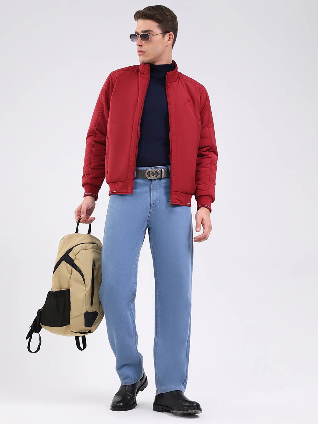 Men Maroon Solid Mock Neck Full Sleeve Jacket - Image 2