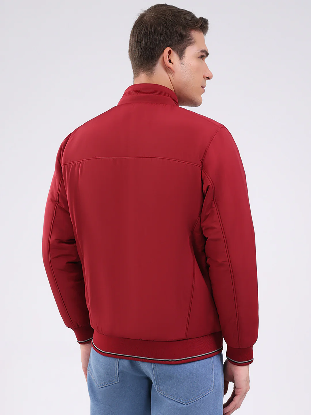 Men Maroon Solid Mock Neck Full Sleeve Jacket - Image 5
