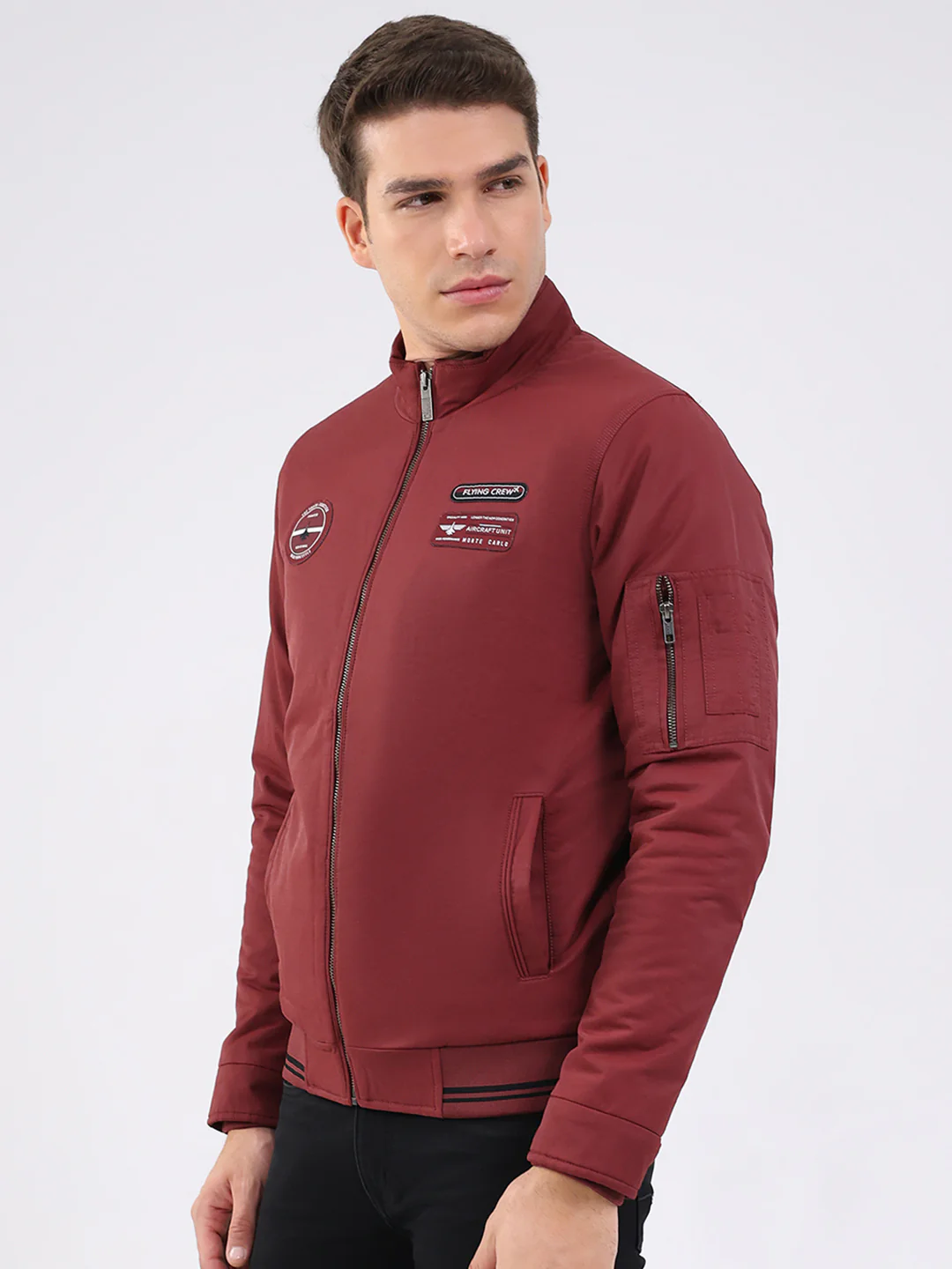 Men Maroon Solid Mock Neck Full Sleeve Jacket - Image 3