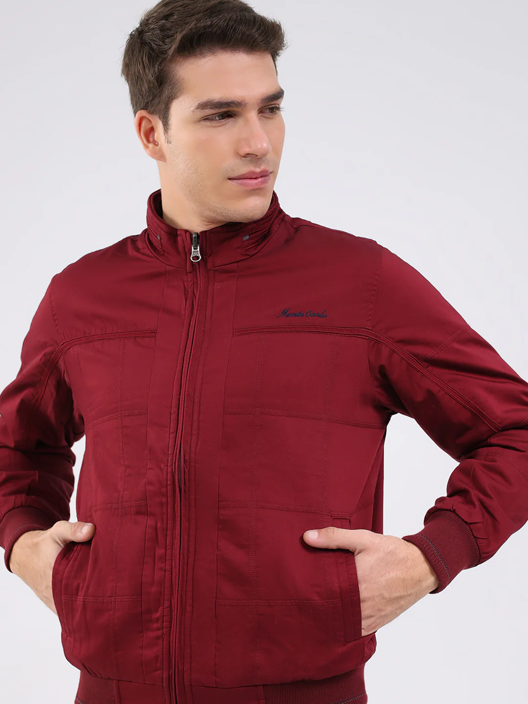 Men Maroon Solid Mock Neck Full Sleeve Jacket - Image 10