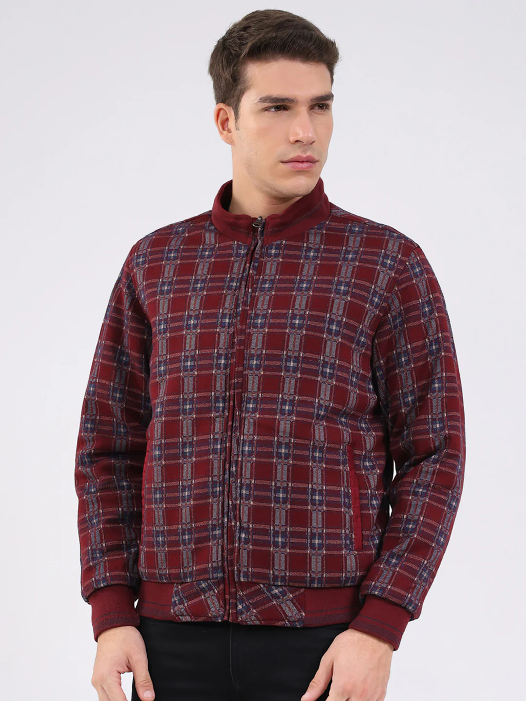 Men Maroon Solid Mock Neck Full Sleeve Jacket - Image 7