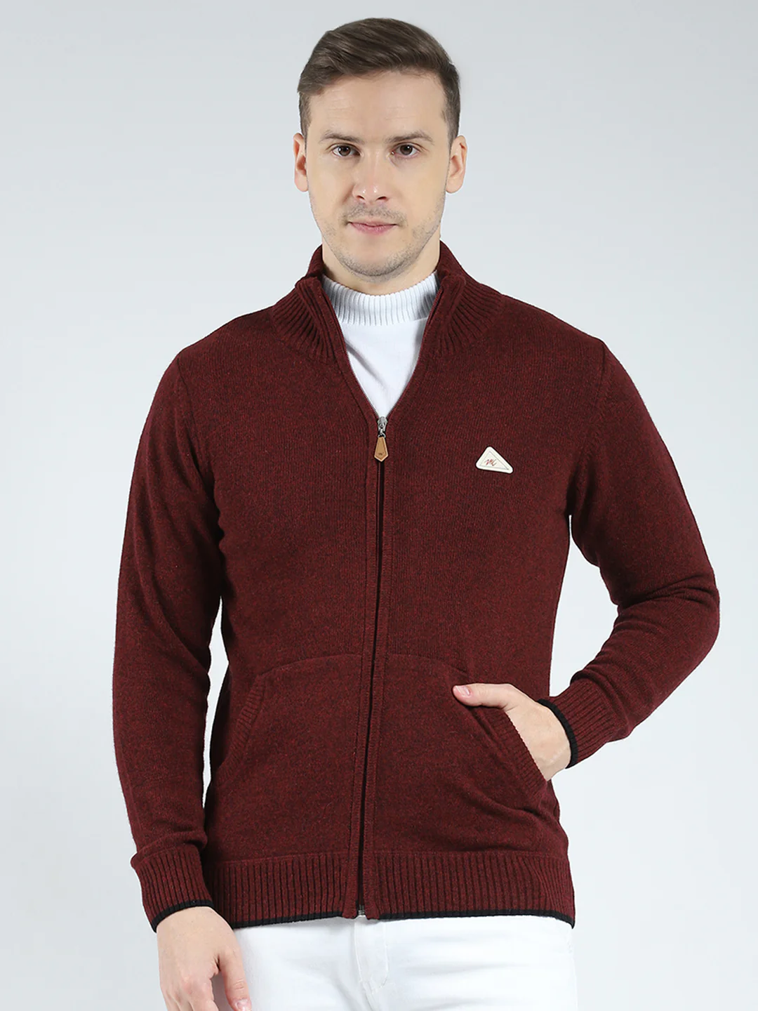 Men Maroon Solid Mock Neck Full Sleeve Pullover