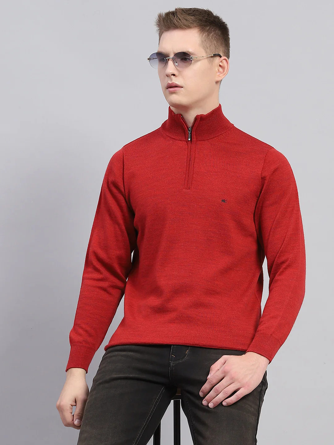 Men Maroon Solid Mock Neck Full Sleeve Pullover - Image 6