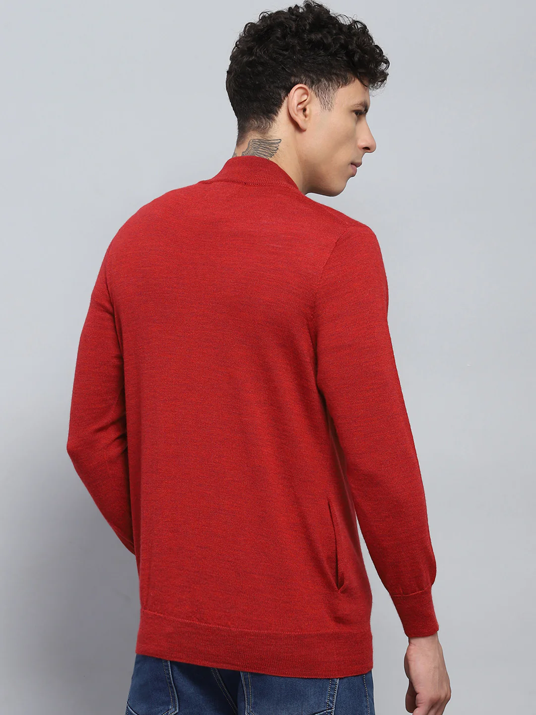 Men Maroon Solid Mock Neck Full Sleeve Pullover - Image 5