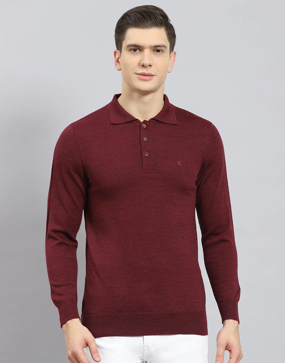 Men Maroon Solid Polo Collar Full Sleeve T-Shirt - Image 3