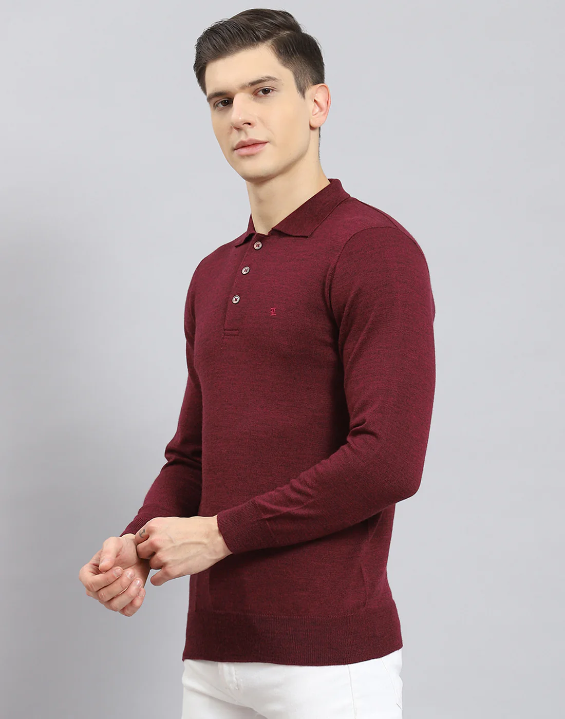 Men Maroon Solid Polo Collar Full Sleeve T-Shirt - Image 4