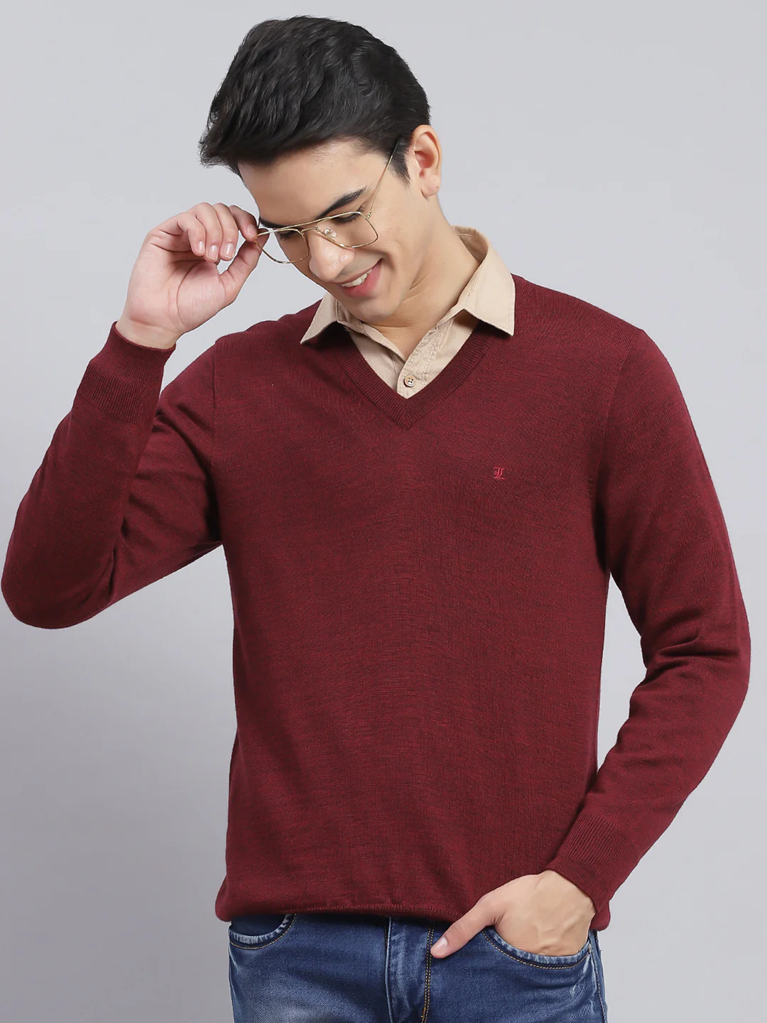 Men Maroon Solid Pure wool Pullover - Image 2