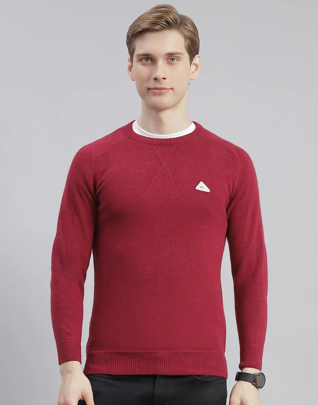 Men Maroon Solid Round Neck Full Sleeve Pullover - Image 2