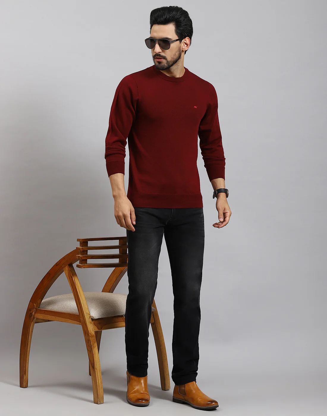 Men Maroon Solid Round Neck Full Sleeve Pullover - Image 2