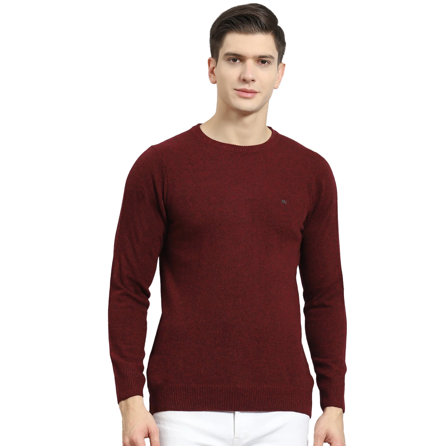 Men Maroon Solid Round Neck Full Sleeve Sweater - Image 5