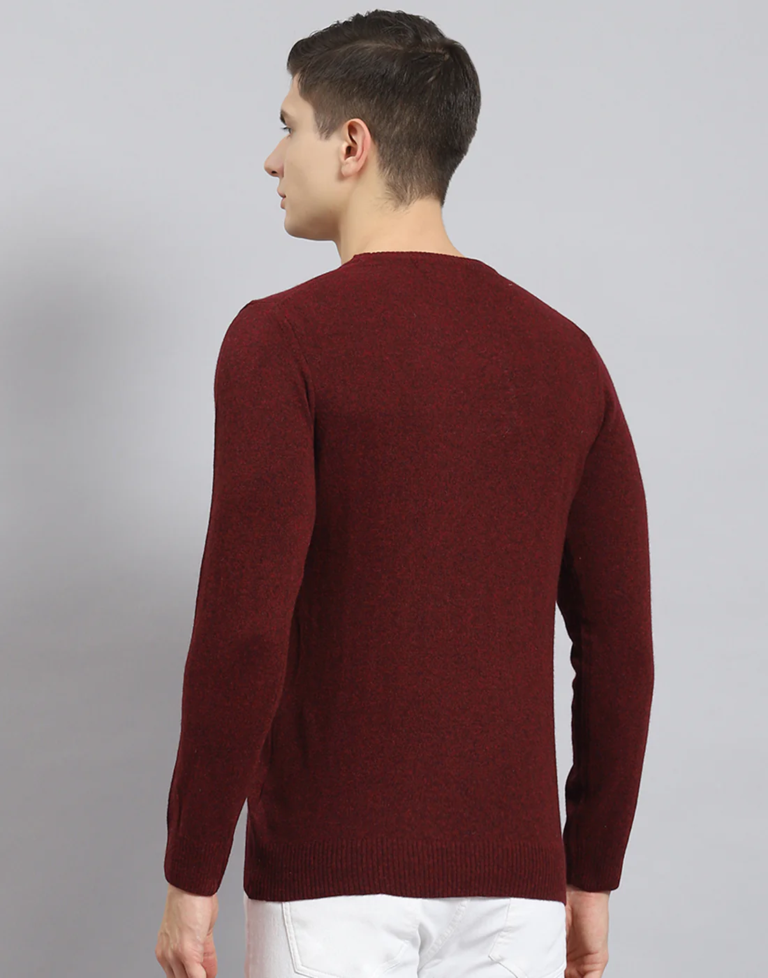 Men Maroon Solid Round Neck Full Sleeve Sweater - Image 7