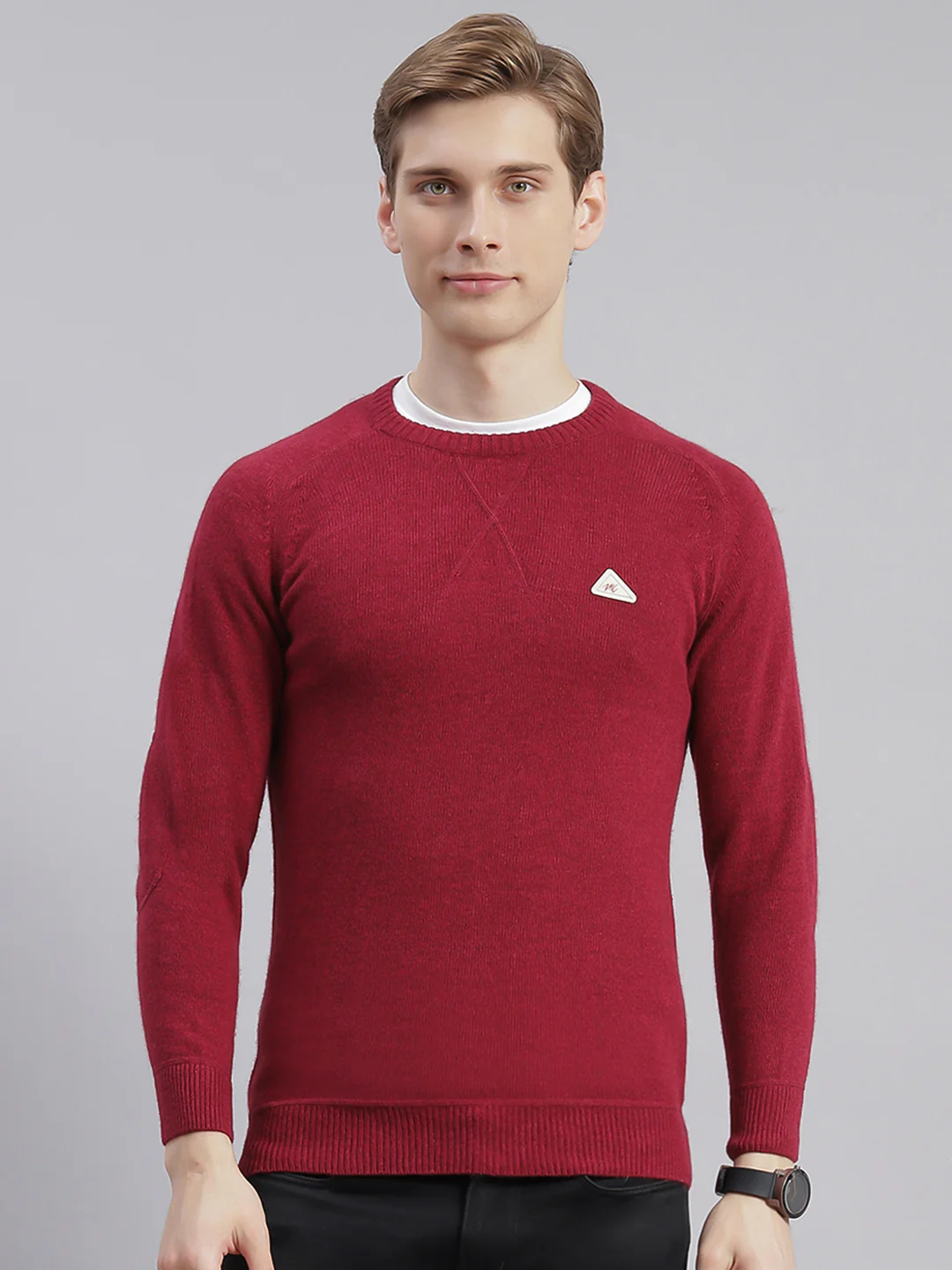 Men Maroon Solid Round Neck Full Sleeve Sweaters/Pullovers - Image 2