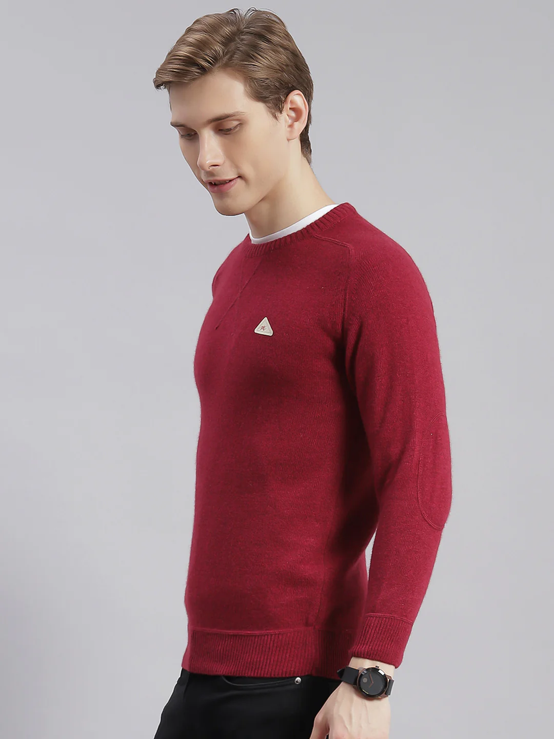 Men Maroon Solid Round Neck Full Sleeve Sweaters/Pullovers - Image 3