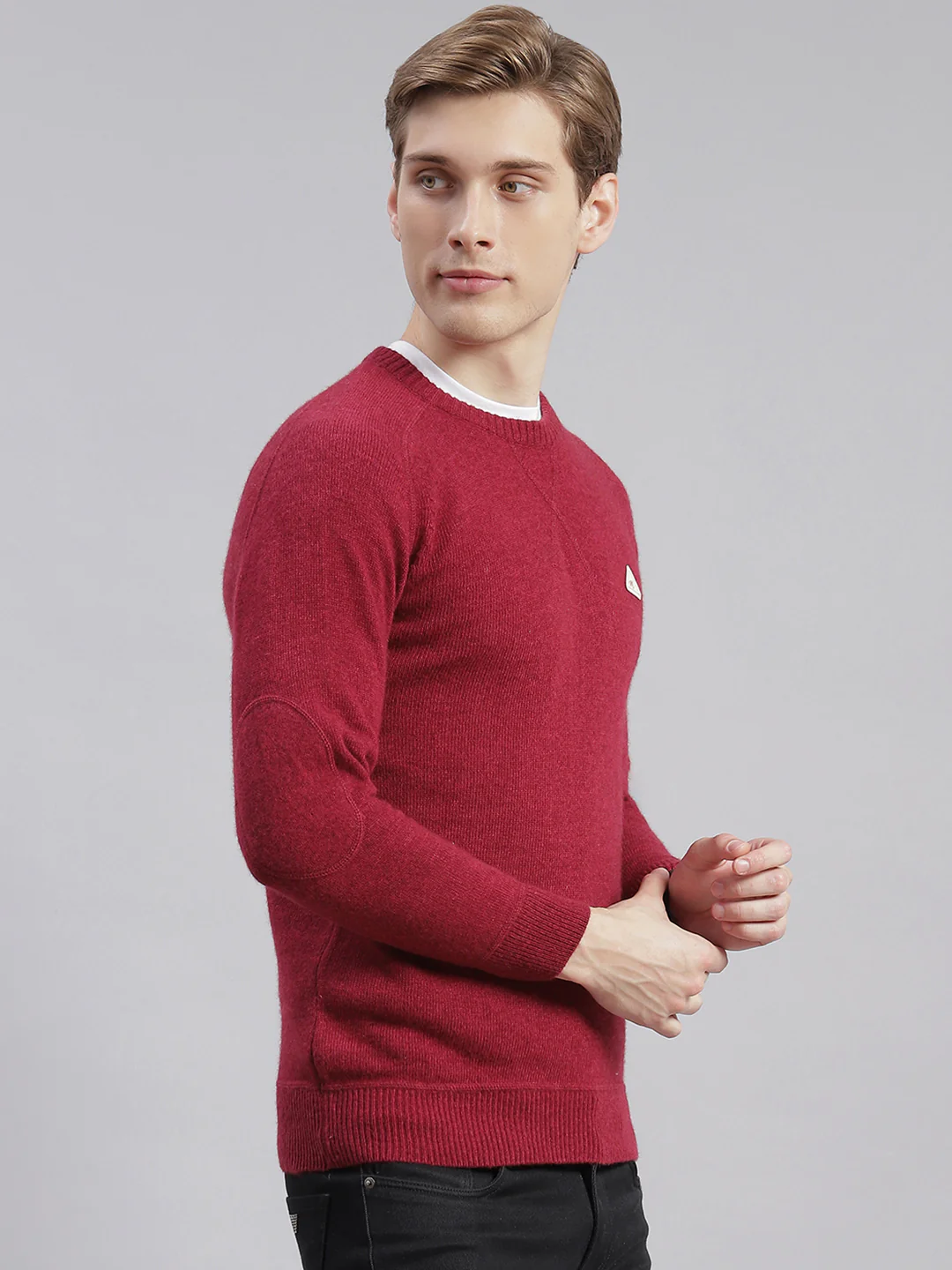 Men Maroon Solid Round Neck Full Sleeve Sweaters/Pullovers - Image 4