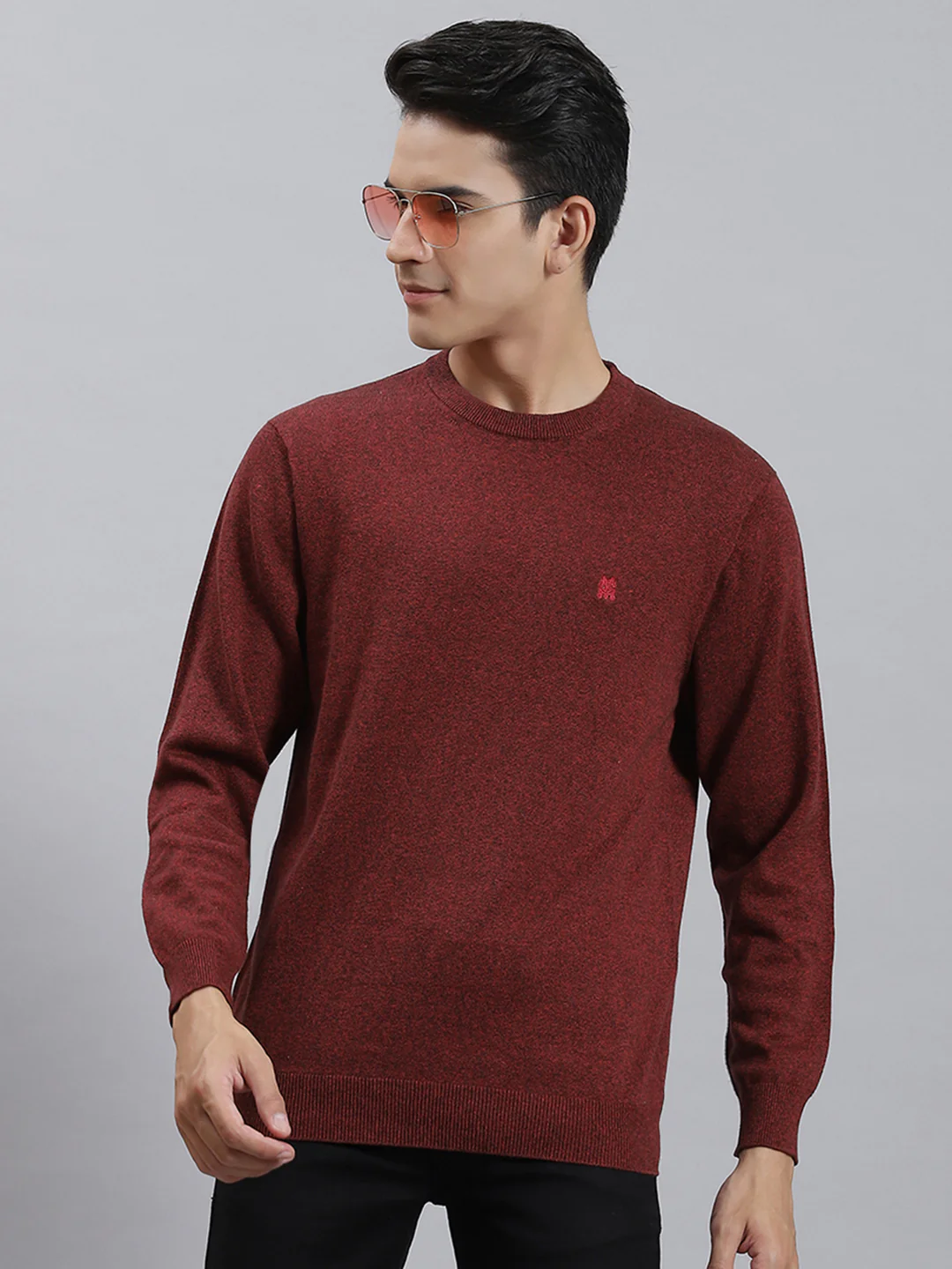 Men Maroon Solid Round Neck Full Sleeve Sweaters/Pullovers - Image 2