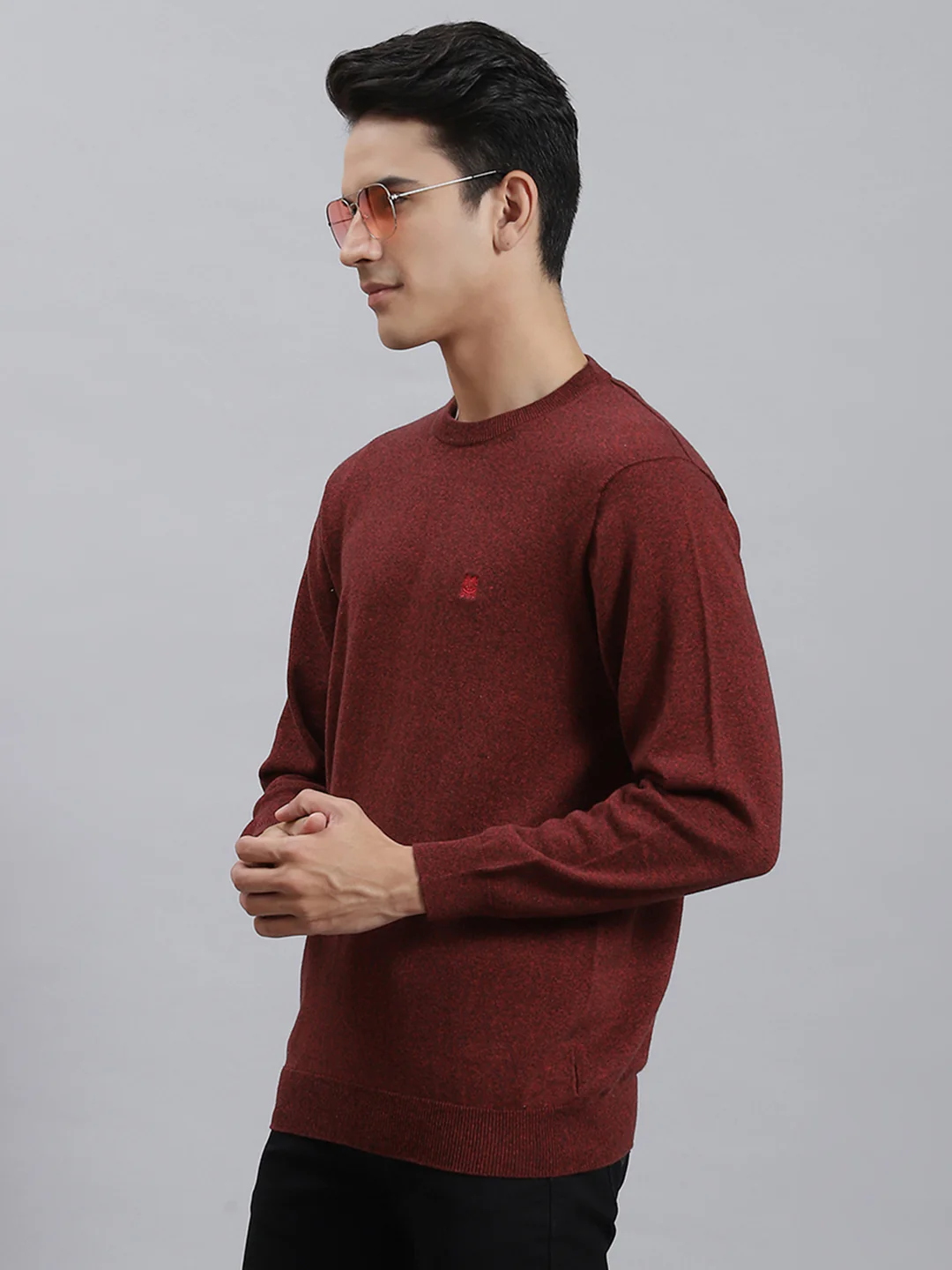 Men Maroon Solid Round Neck Full Sleeve Sweaters/Pullovers - Image 3