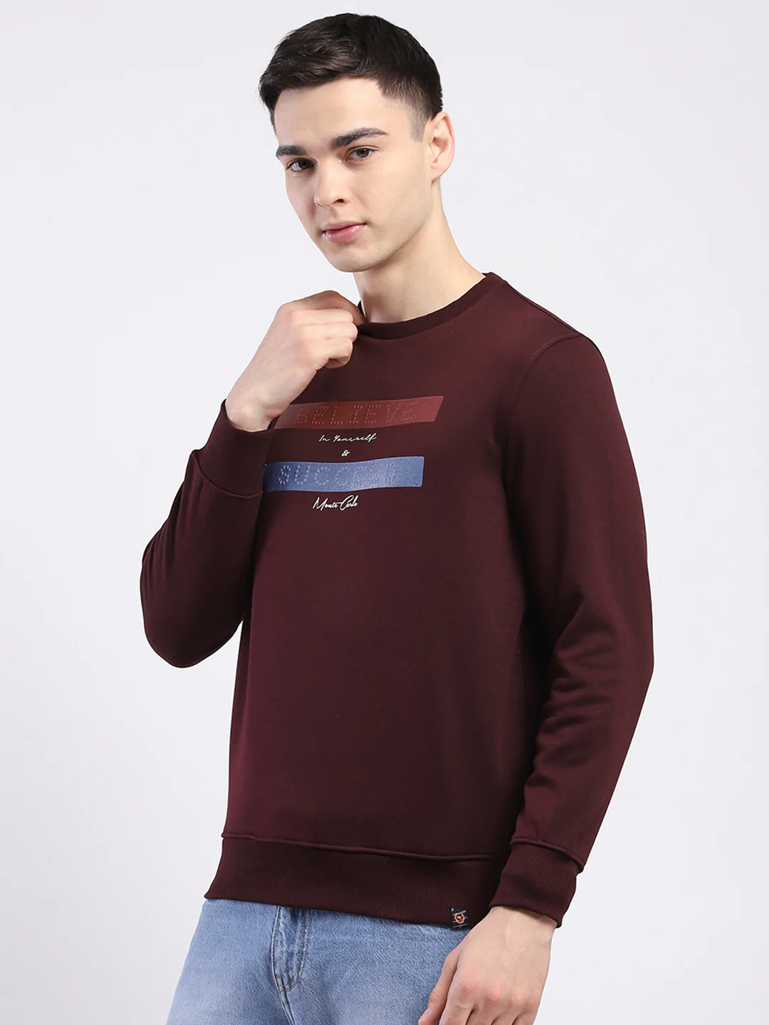 Men Maroon Solid Round Neck Full Sleeve Sweatshirt - Image 3