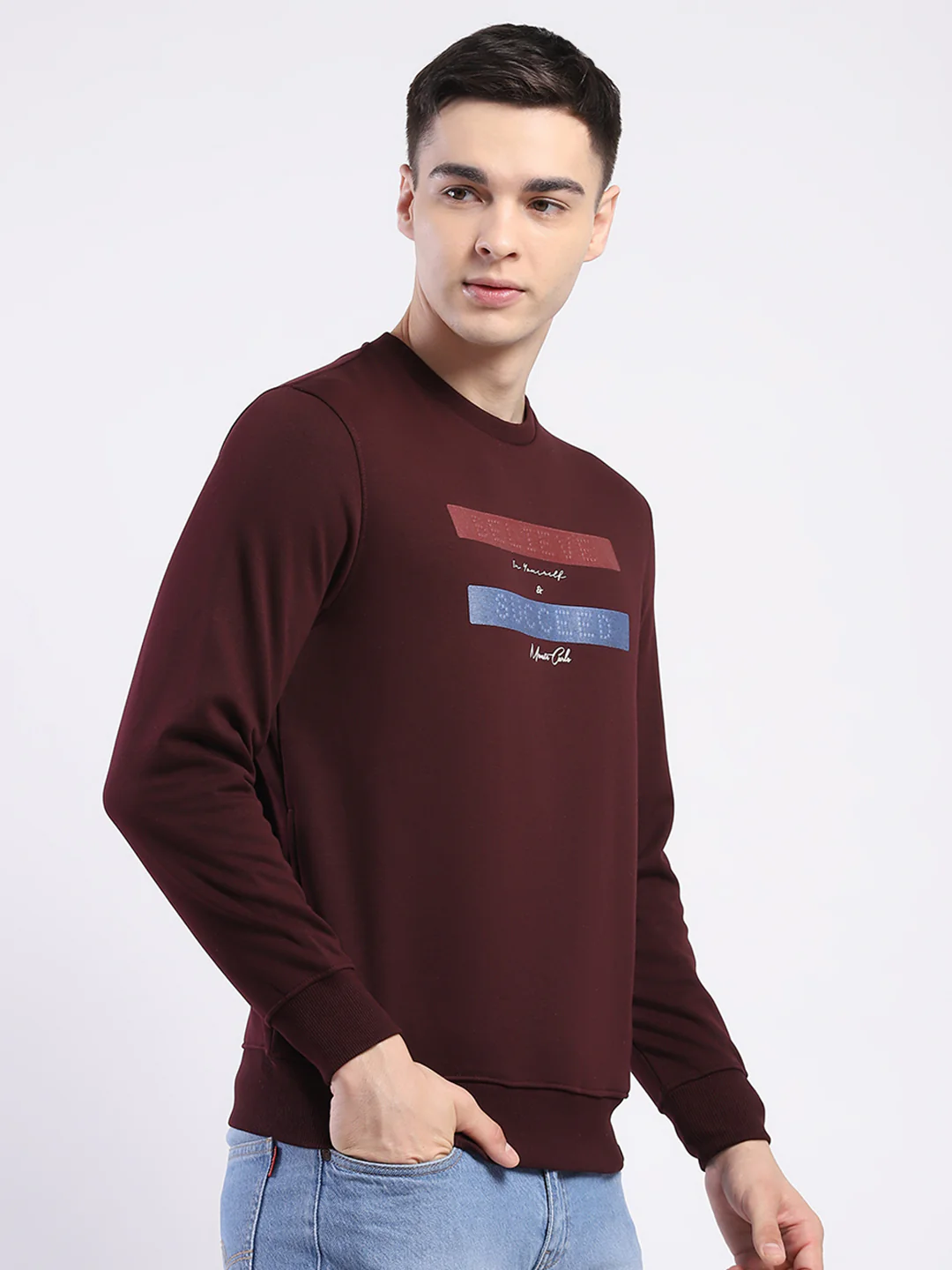Men Maroon Solid Round Neck Full Sleeve Sweatshirt - Image 4