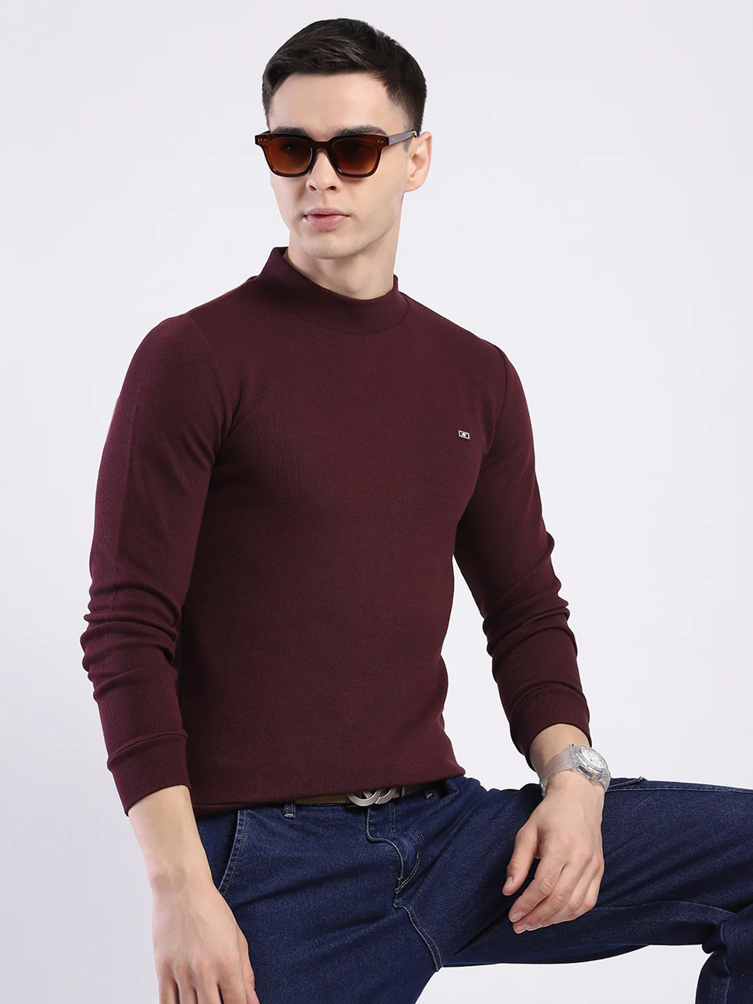 Men Maroon Solid Round Neck Full Sleeve Winter T-Shirt - Image 6