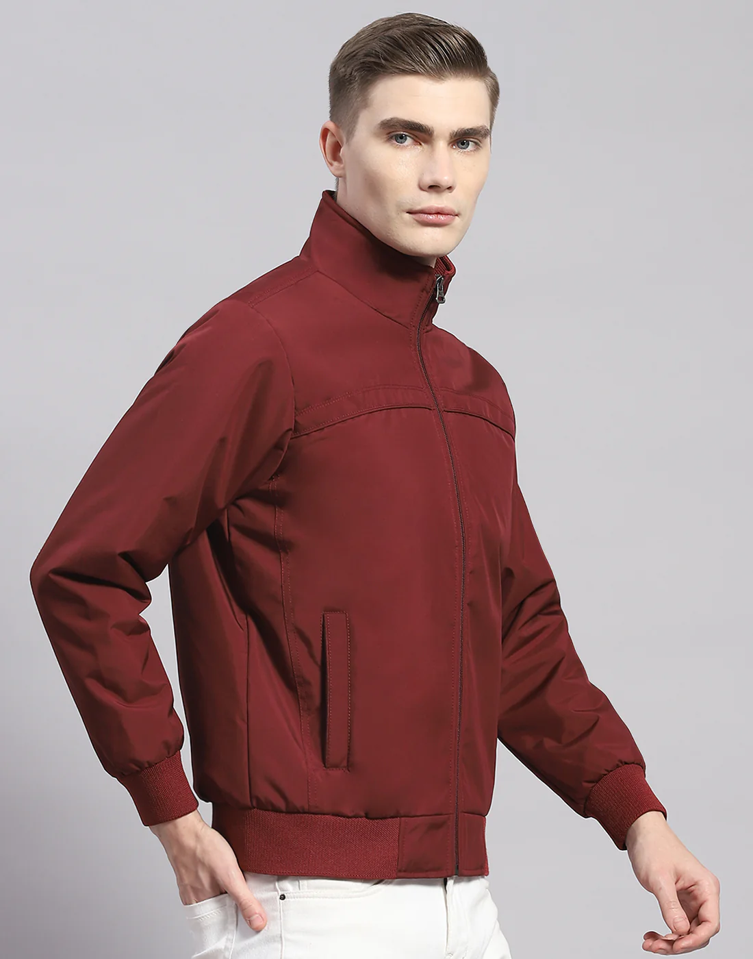 Men Maroon Solid Stand Collar Full Sleeve Jacket - Image 4