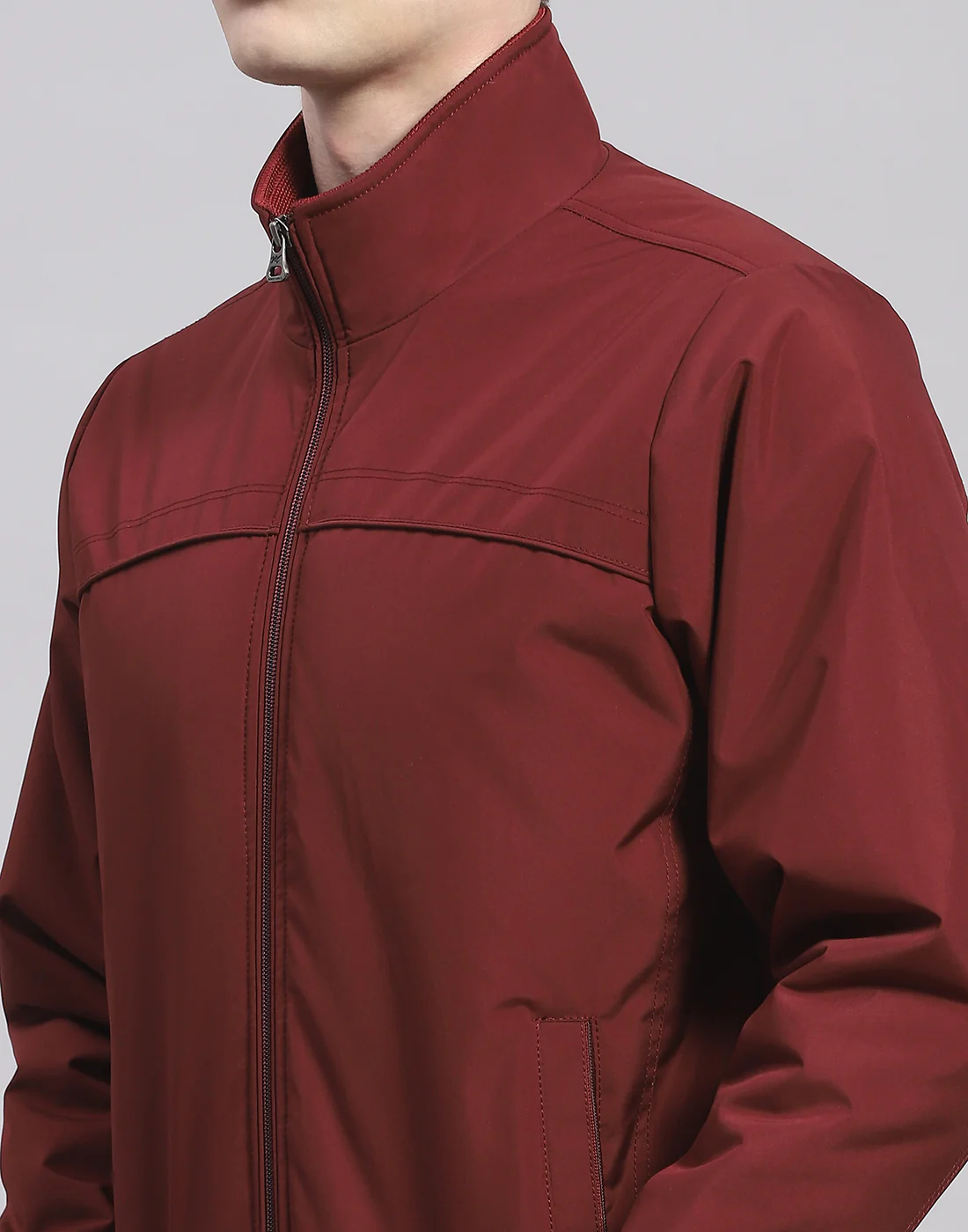 Men Maroon Solid Stand Collar Full Sleeve Jacket - Image 6