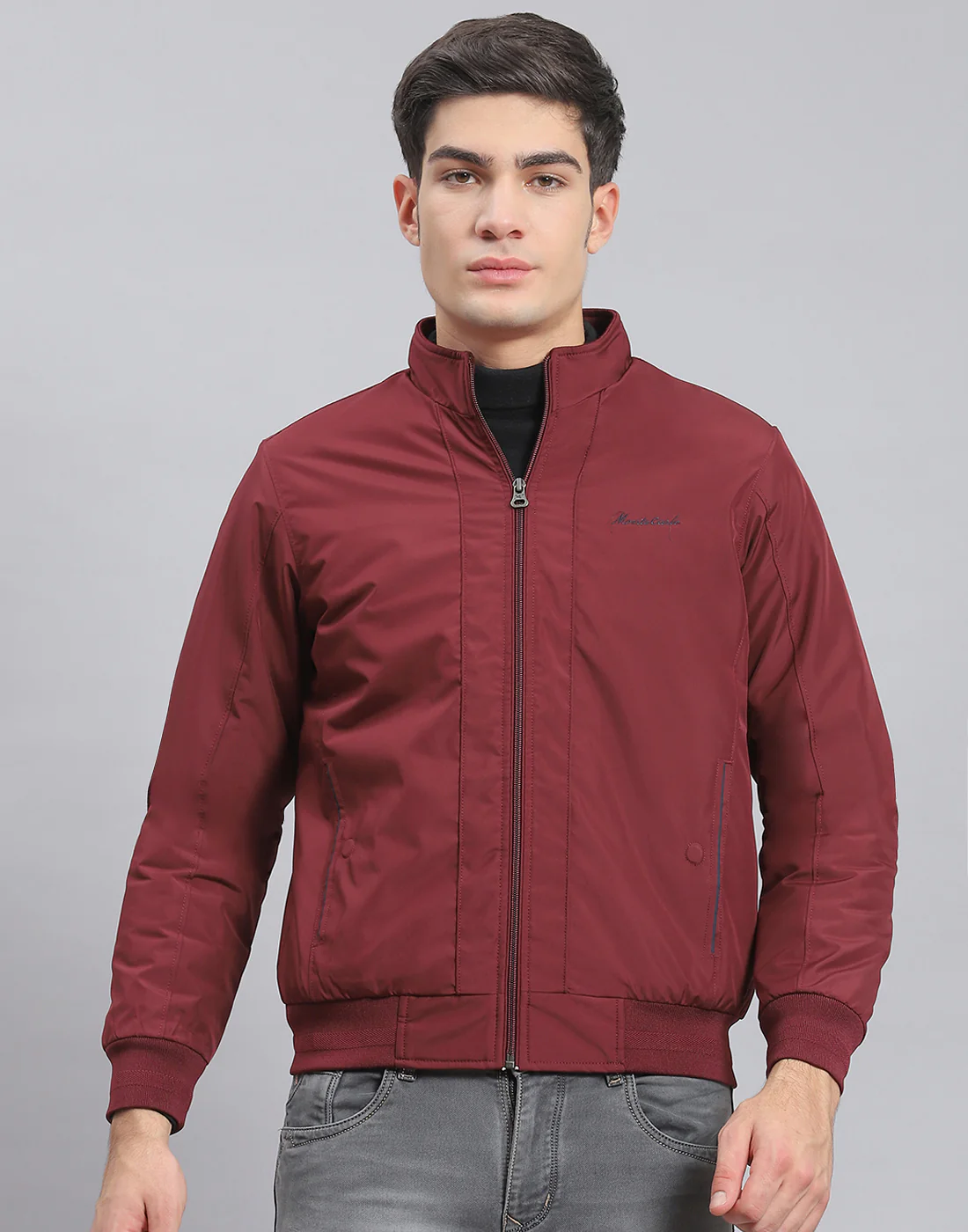 Men Maroon Solid Stand Collar Full Sleeve Jacket - Image 2