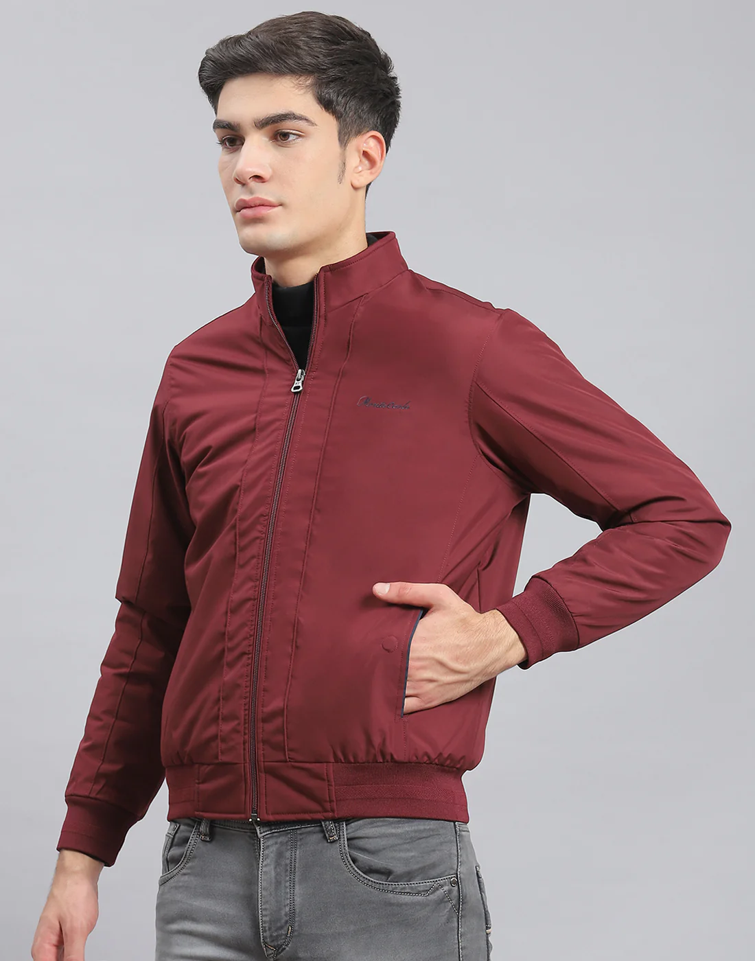 Men Maroon Solid Stand Collar Full Sleeve Jacket - Image 3