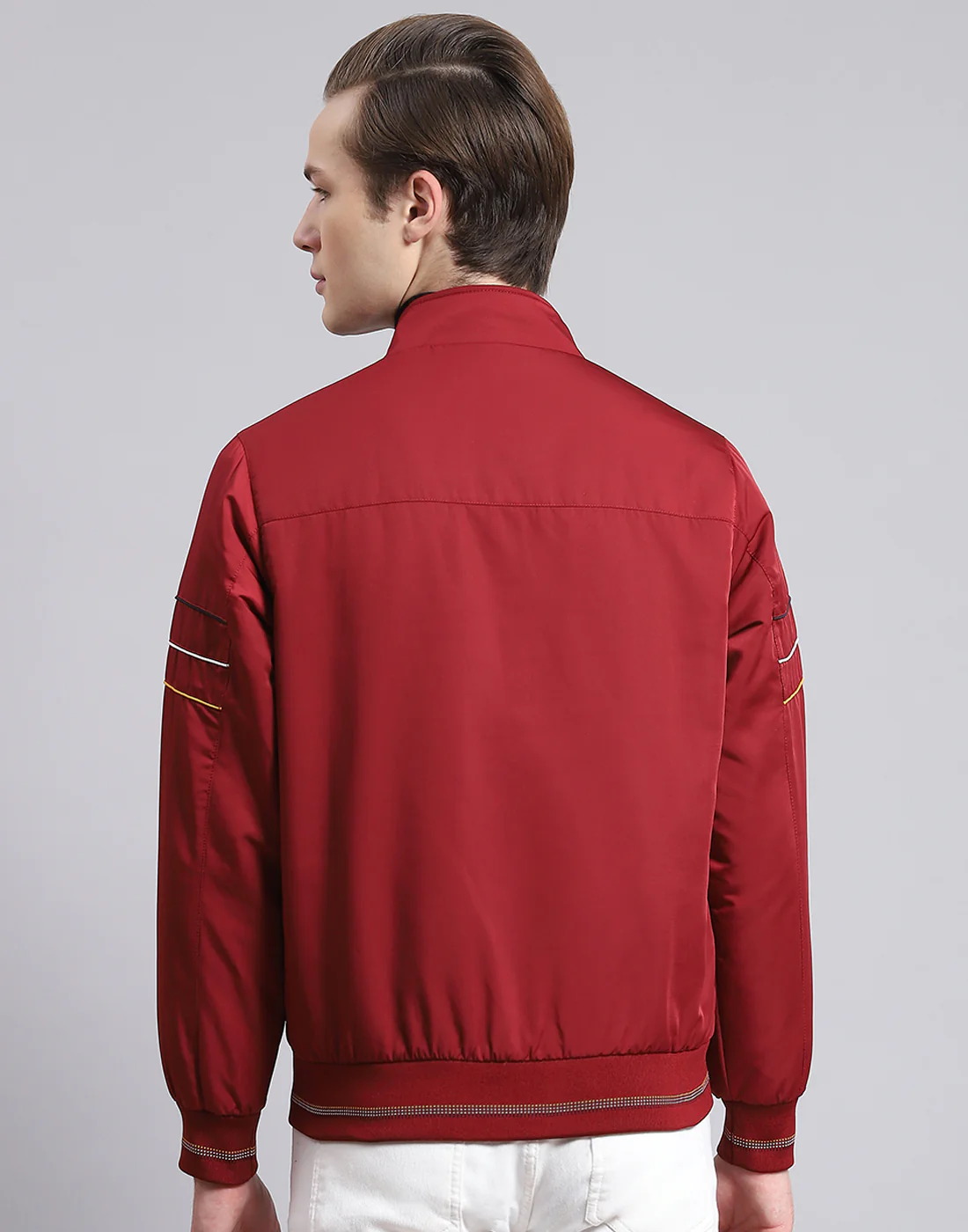 Men Maroon Solid Stand Collar Full Sleeve Jacket - Image 5