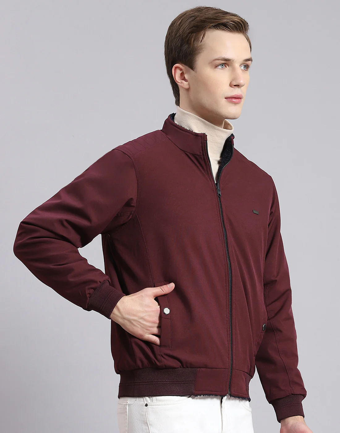 Men Maroon Solid Stand Collar Full Sleeve Jacket - Image 5