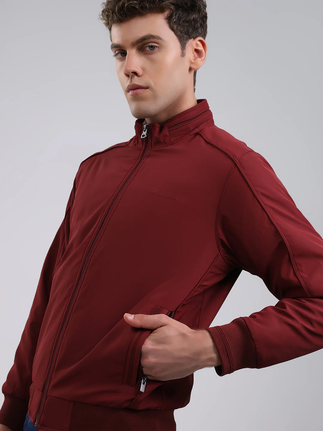 Men Maroon Solid Stand Collar Full Sleeve Jacket - Image 6