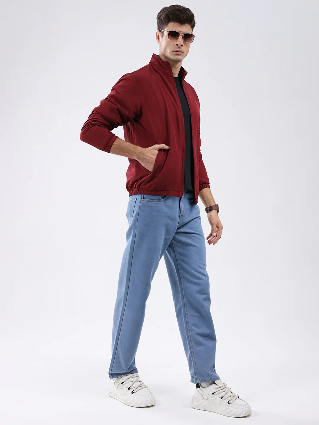 Men Maroon Solid Stand Collar Full Sleeve Jacket - Image 2