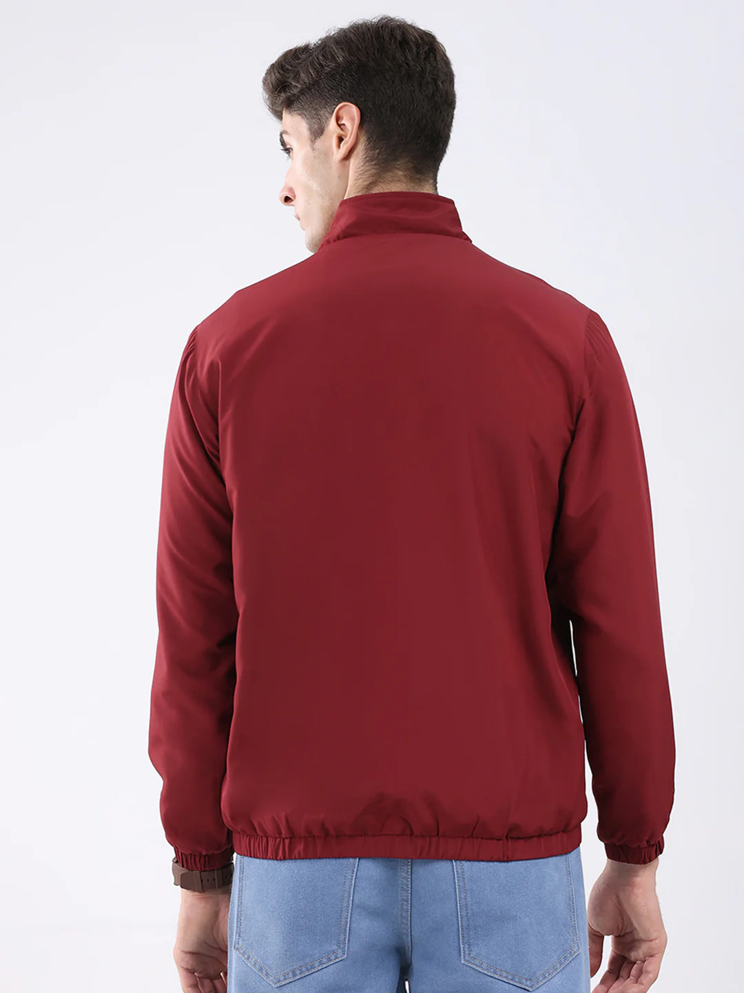 Men Maroon Solid Stand Collar Full Sleeve Jacket - Image 5