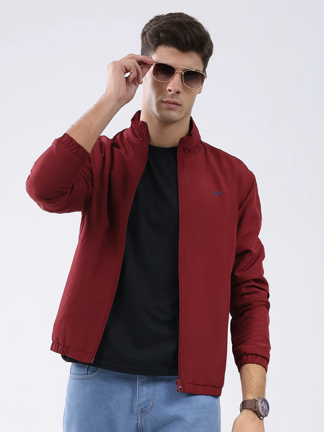 Men Maroon Solid Stand Collar Full Sleeve Jacket - Image 6