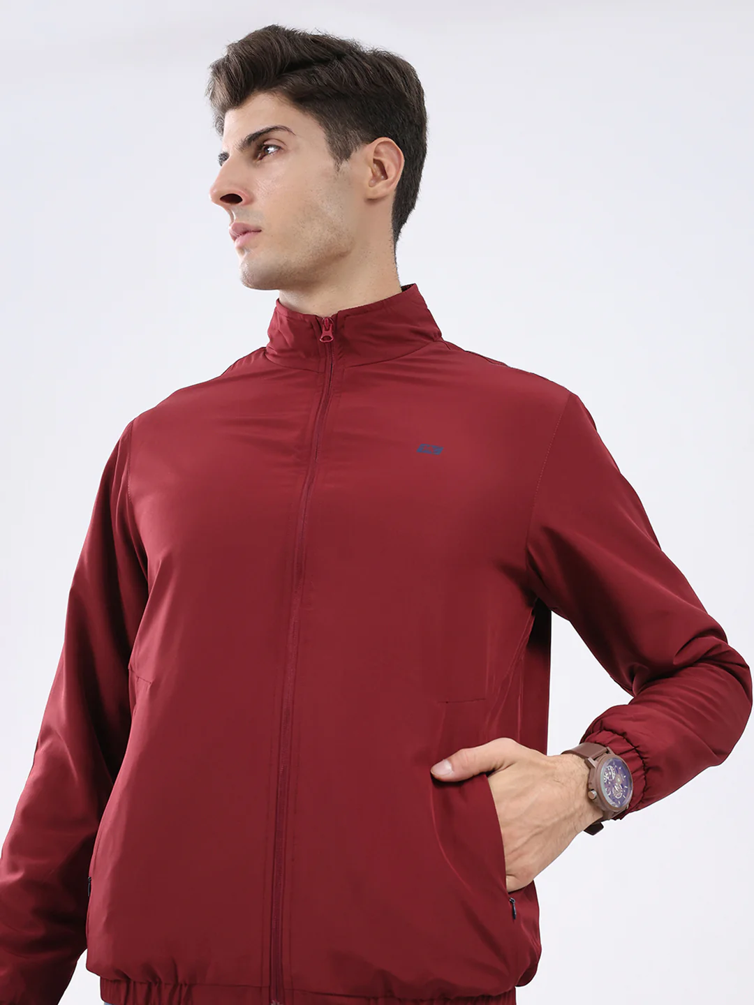 Men Maroon Solid Stand Collar Full Sleeve Jacket - Image 7
