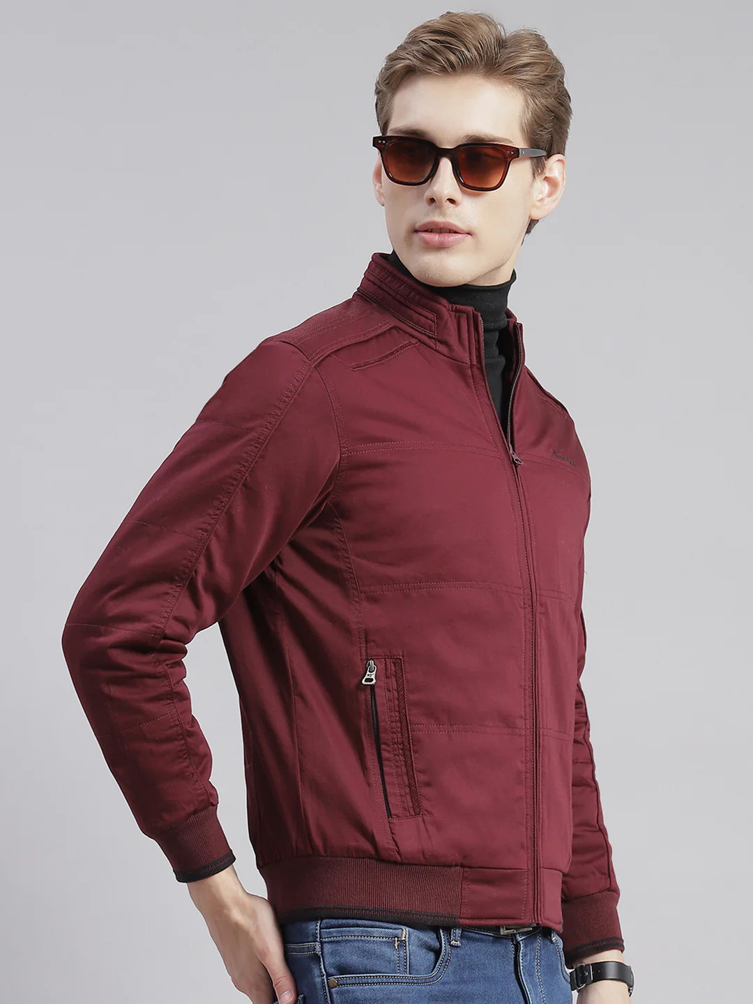 Men Maroon Solid Stand Collar Full Sleeve Jackets - Image 4