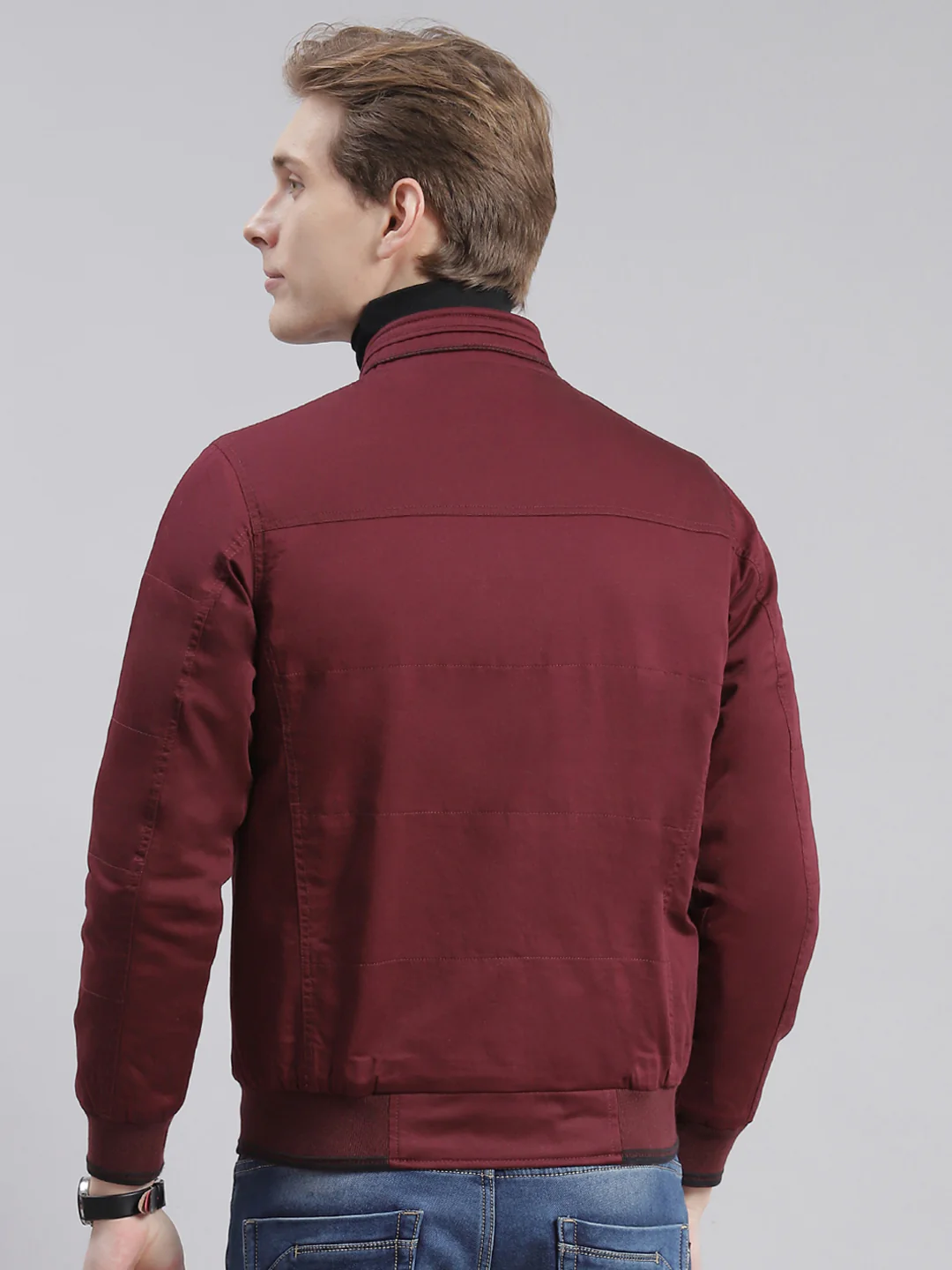 Men Maroon Solid Stand Collar Full Sleeve Jackets - Image 5