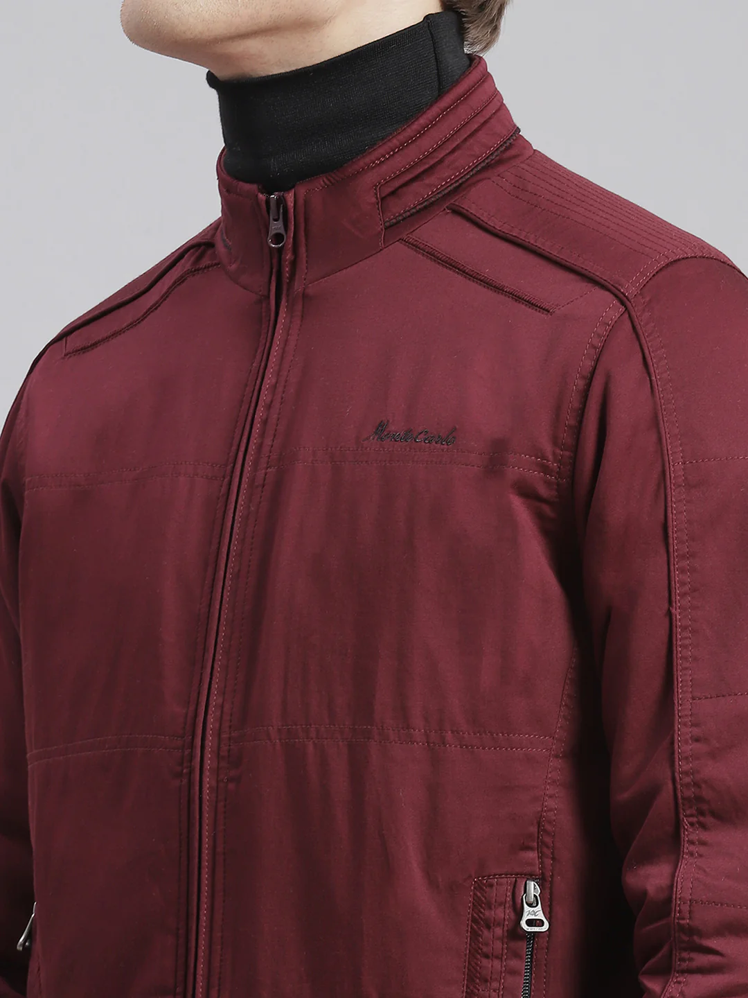 Men Maroon Solid Stand Collar Full Sleeve Jackets - Image 6