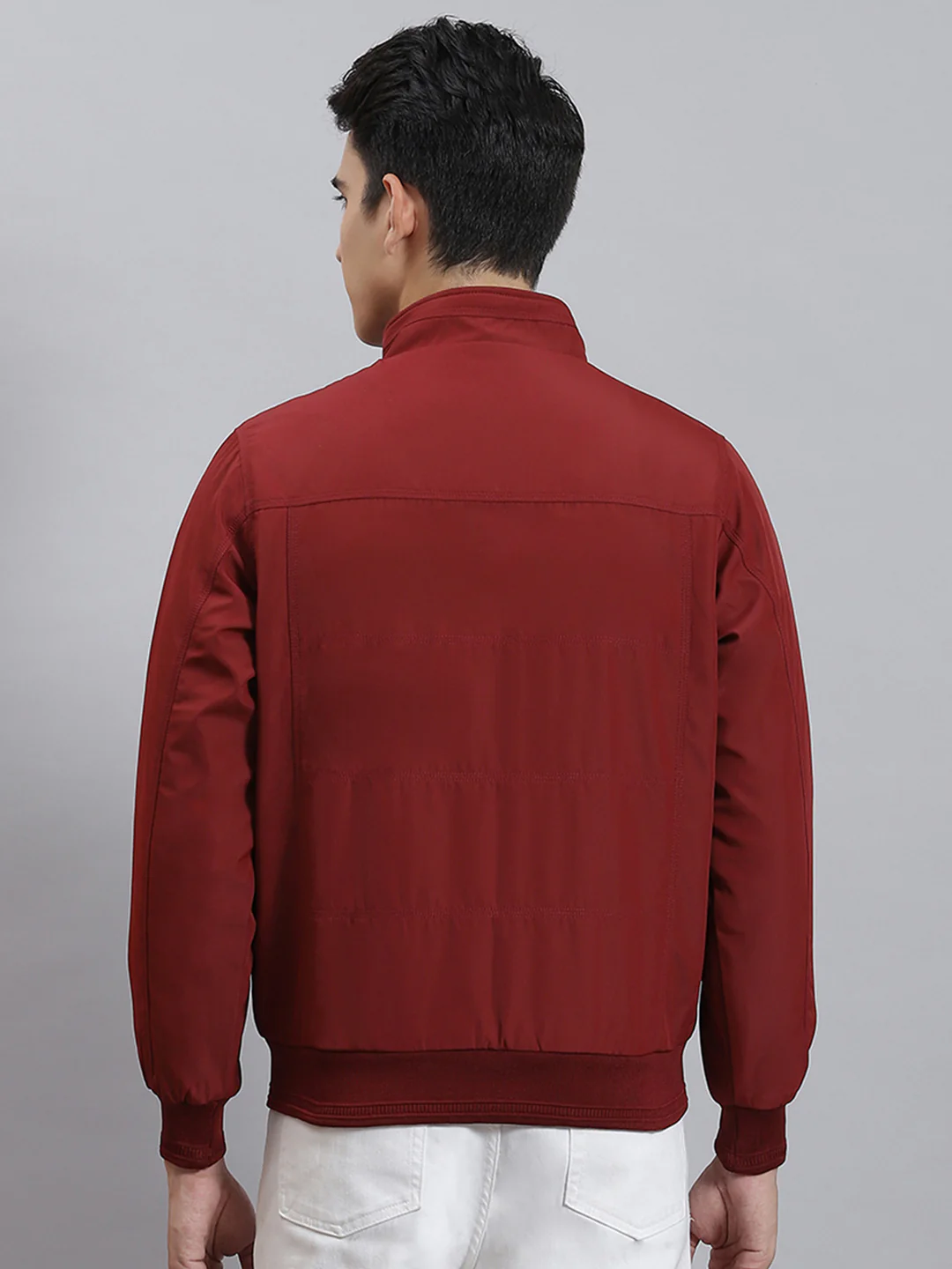 Men Maroon Solid Stand Collar Full Sleeve Jackets - Image 5