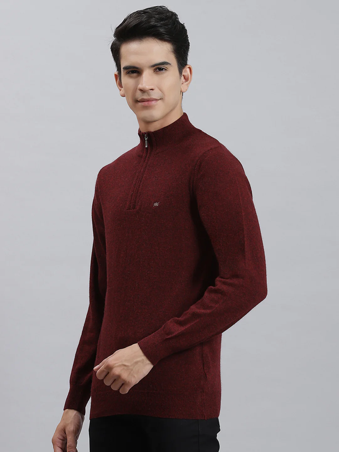 Men Maroon Solid Stand Collar Full Sleeve Sweaters/Pullovers - Image 3